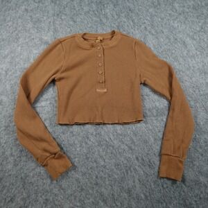 Skims Top Women Extra Small Brown Waffle Knit Henley Cropped Long Sleeve Thermal